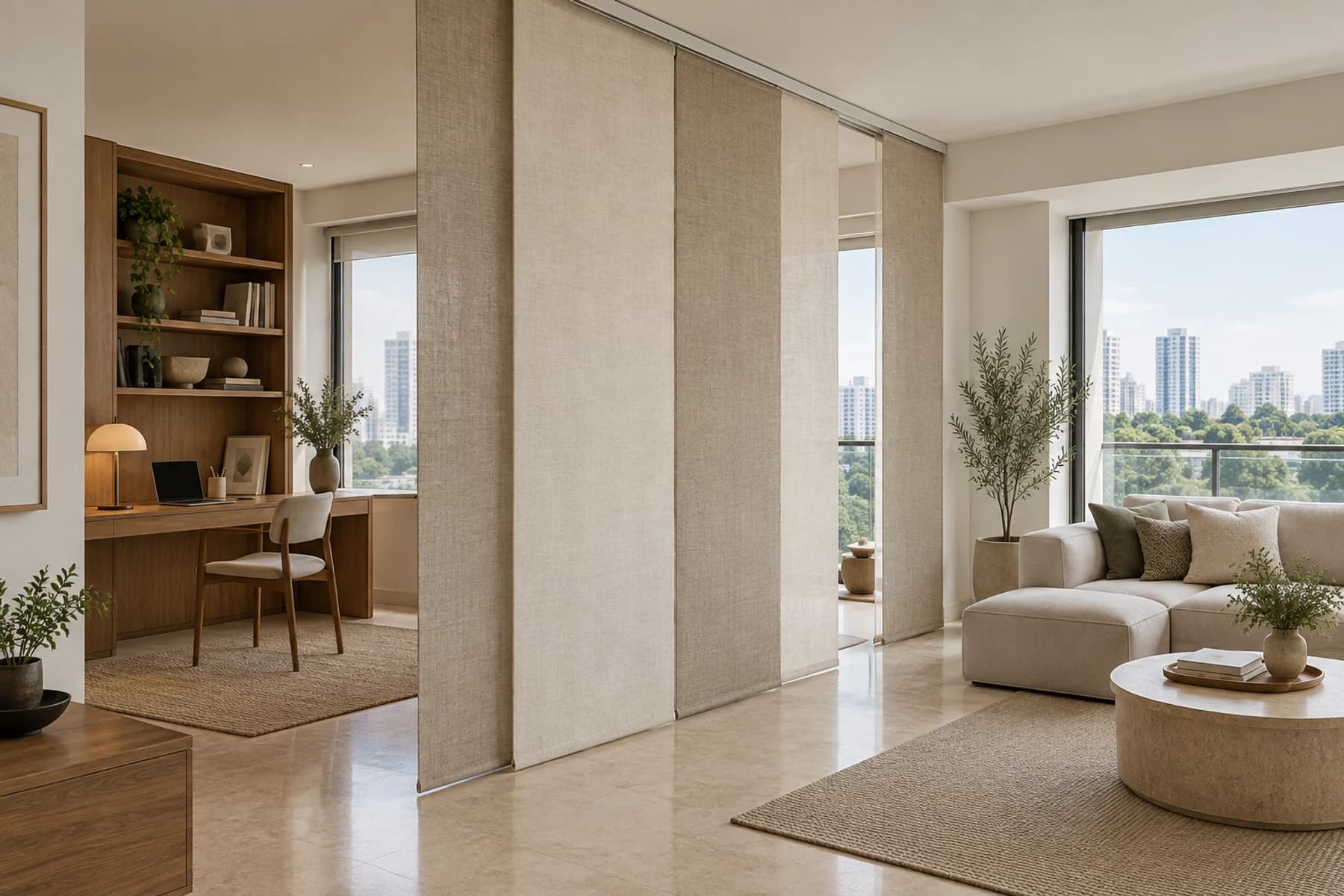 Panel curtains dividing a study from a living room