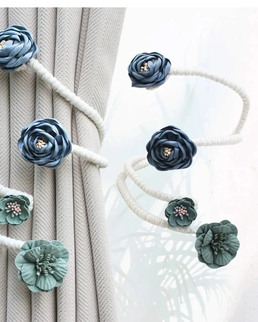 Blue rosette and sage floral curtain tieback references, showing layered fabric petals and pale wrapped bands beside a textured grey curtain.