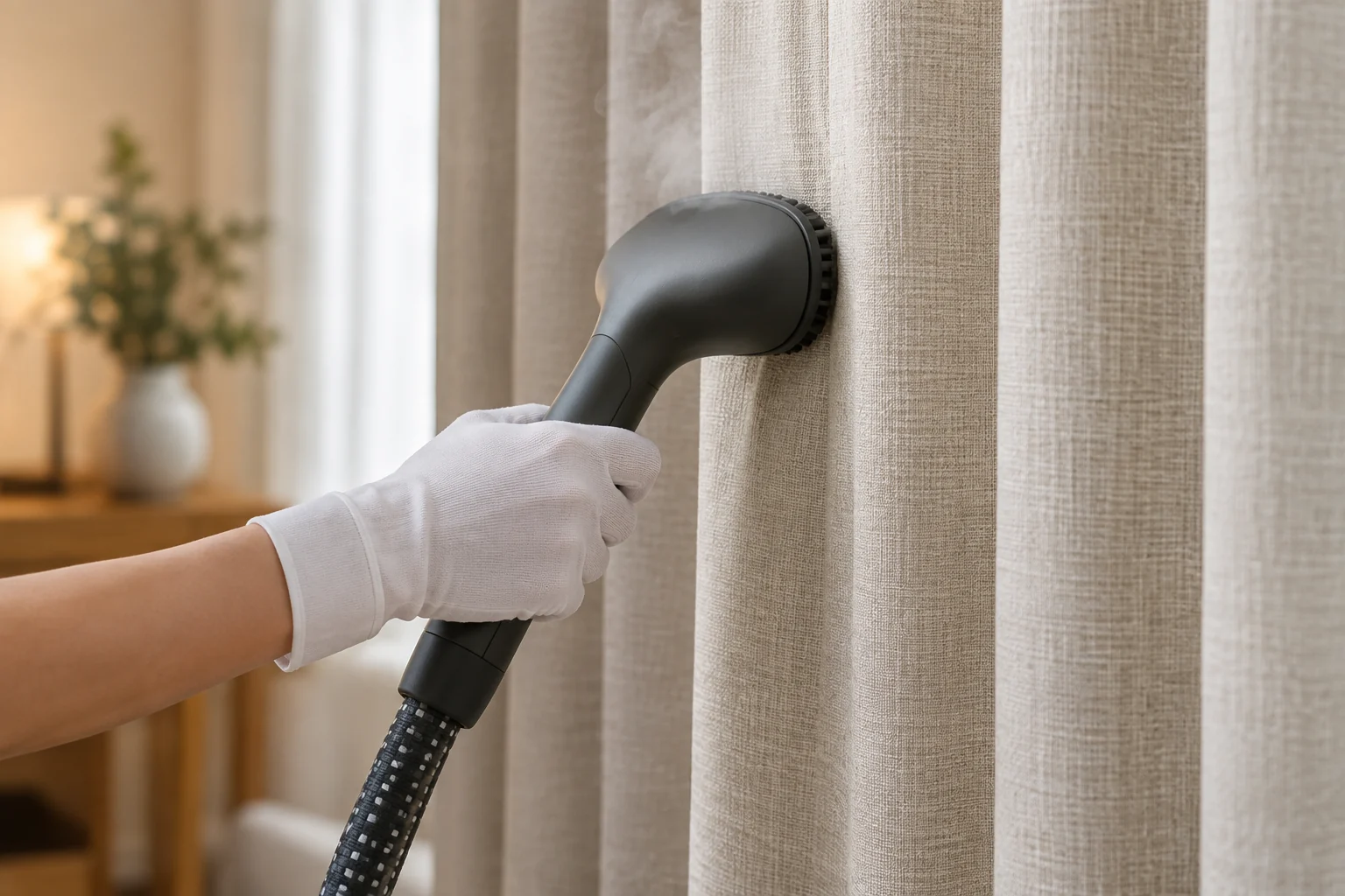 Illustrative close-up of gloved hands holding a steam-cleaning head beside the folds of beige curtain fabric.