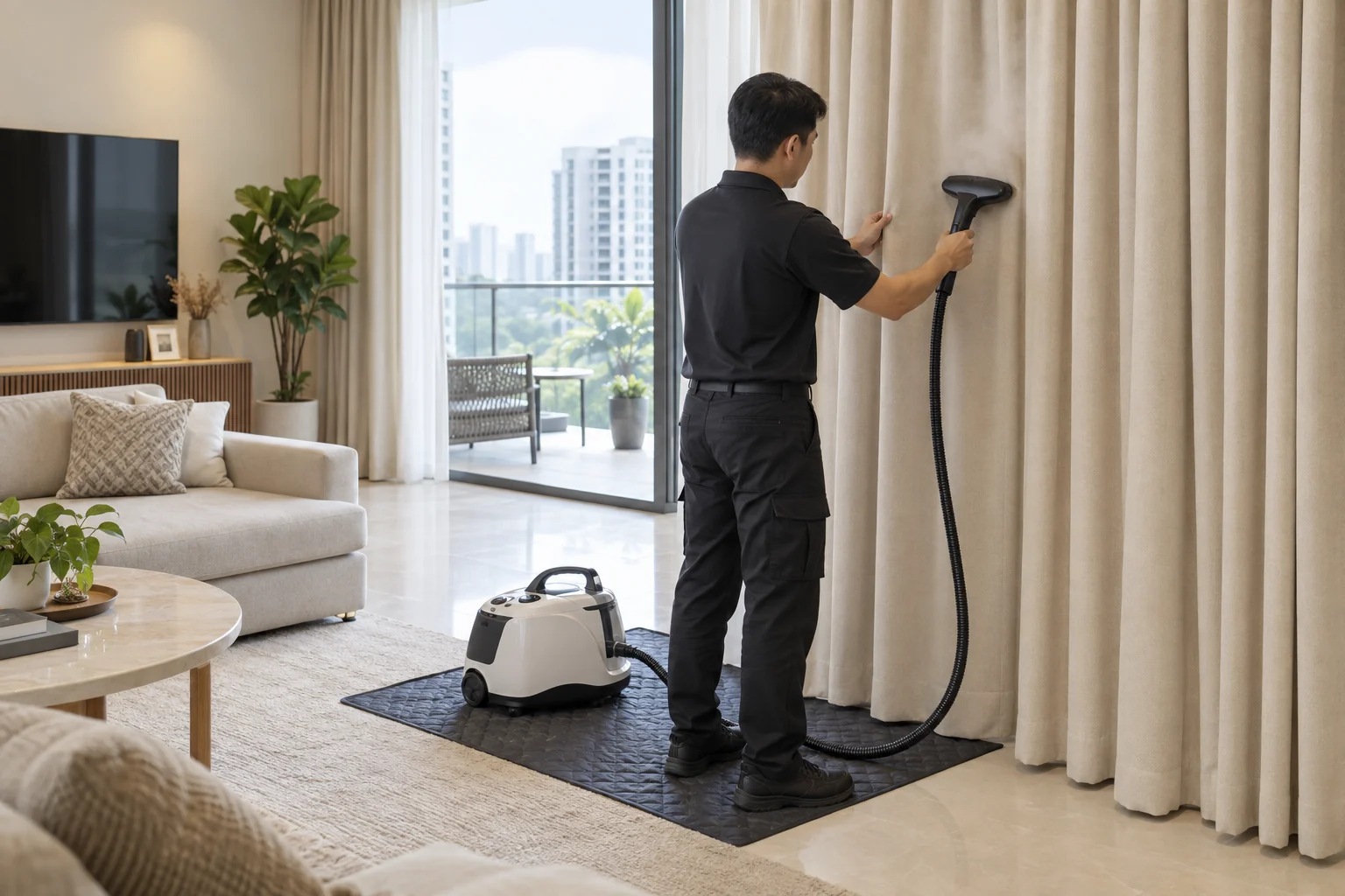 Illustration of a technician treating hanging beige curtains with a steam-cleaning head in a living room, with equipment on a protective floor mat.