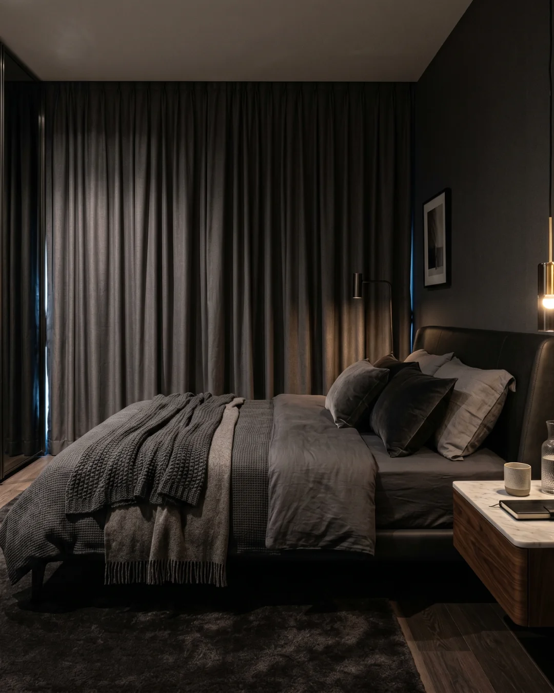 Dark bedroom with charcoal closed curtains, bed and warm lamps; bright daylight slits visible at both sides, unsuitable for the requested simulator.