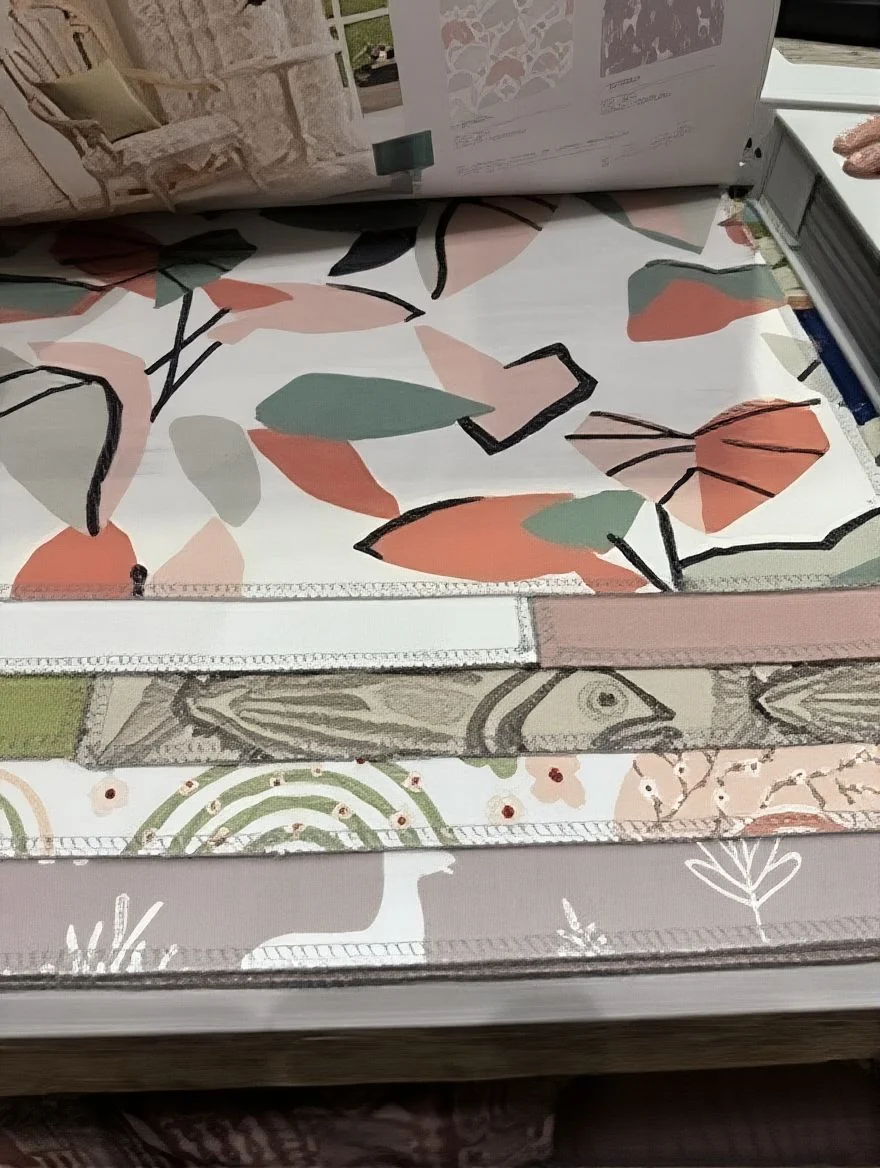 Open fabric sample book showing coral, sage, cream and black abstract geometric/leaf patterns.
