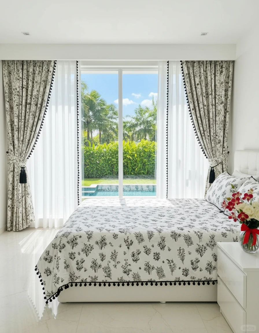 White full-length sheer day curtains layered with black-and-ivory patterned drapes and black pom-pom edging around a bedroom's garden-facing sliding doors.