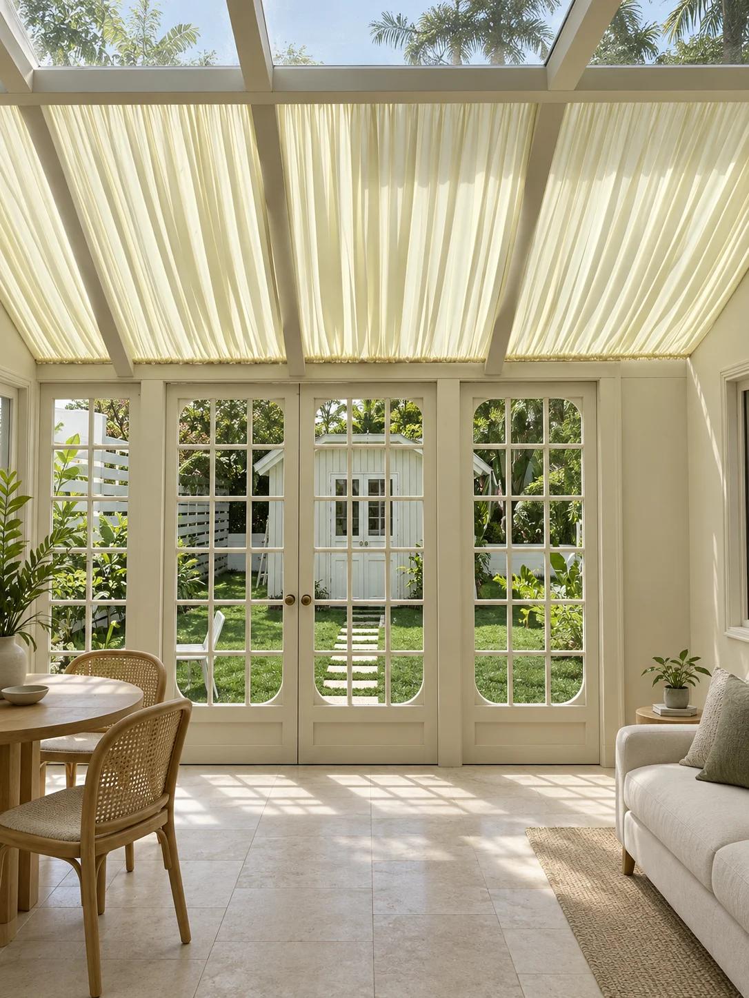 Ivory gathered fabric canopy panels tensioned under sloping glass roof of light conservatory with glazed doors — full-window AI design visualisation.