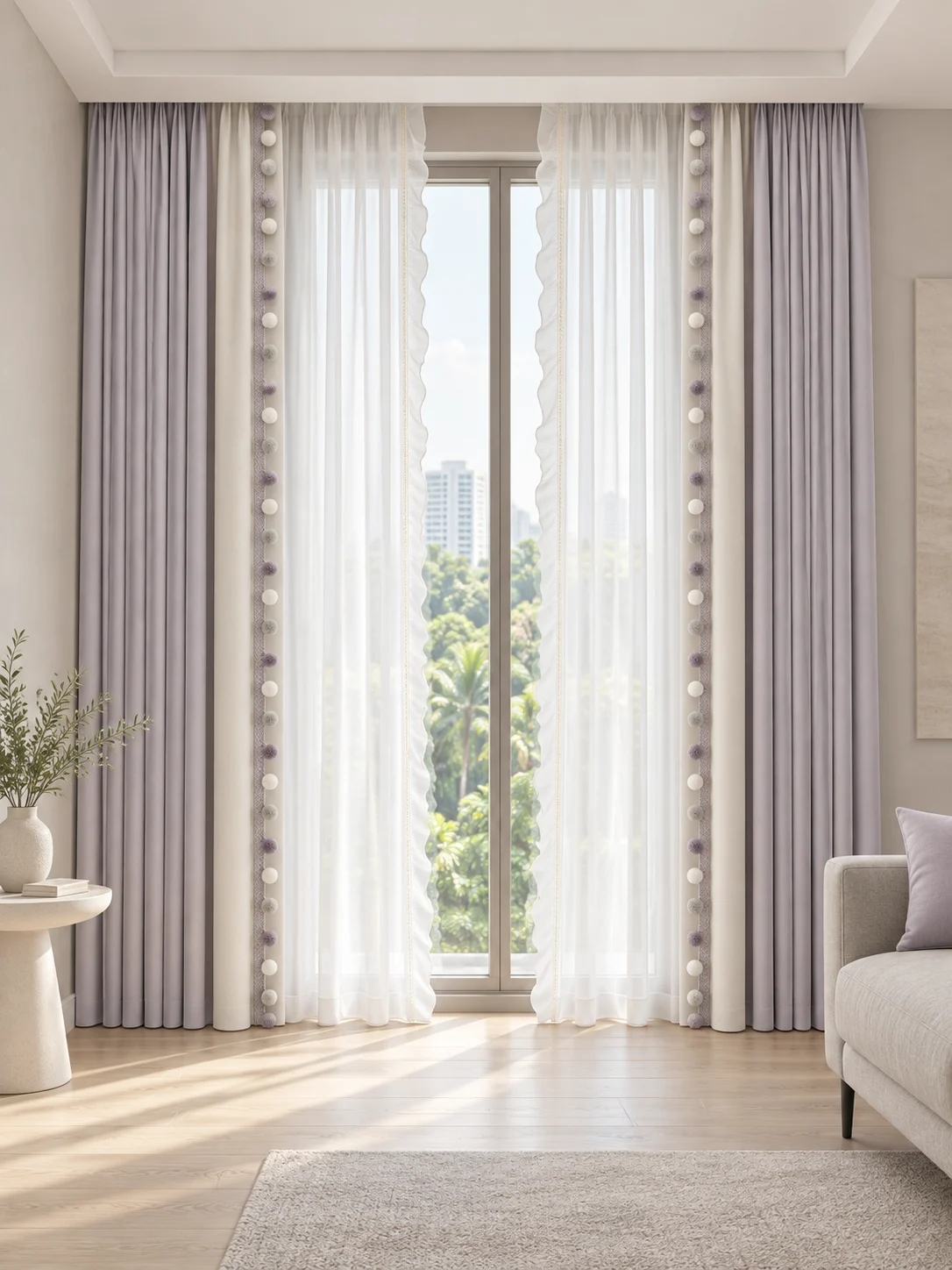 Dusty lilac outer drapes, creamy middle band and delicate white sheer — full-window AI design visualisation.