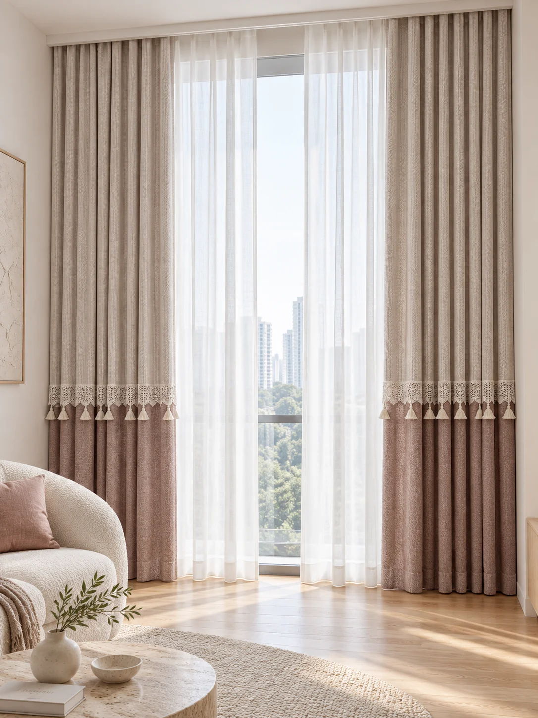Cream-taupe upper drapes join dusty-rose lower quarter — full-window AI design visualisation.