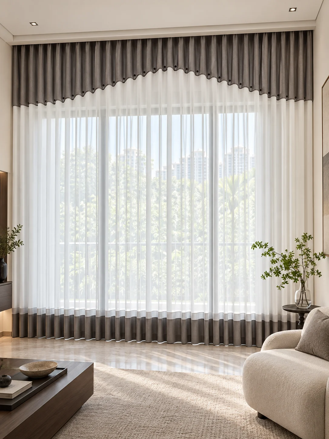 White sheer full-length curtain with grey upper shaped scalloped band and small black discs along join, matching grey lower hem band — full-window AI design visualisation.