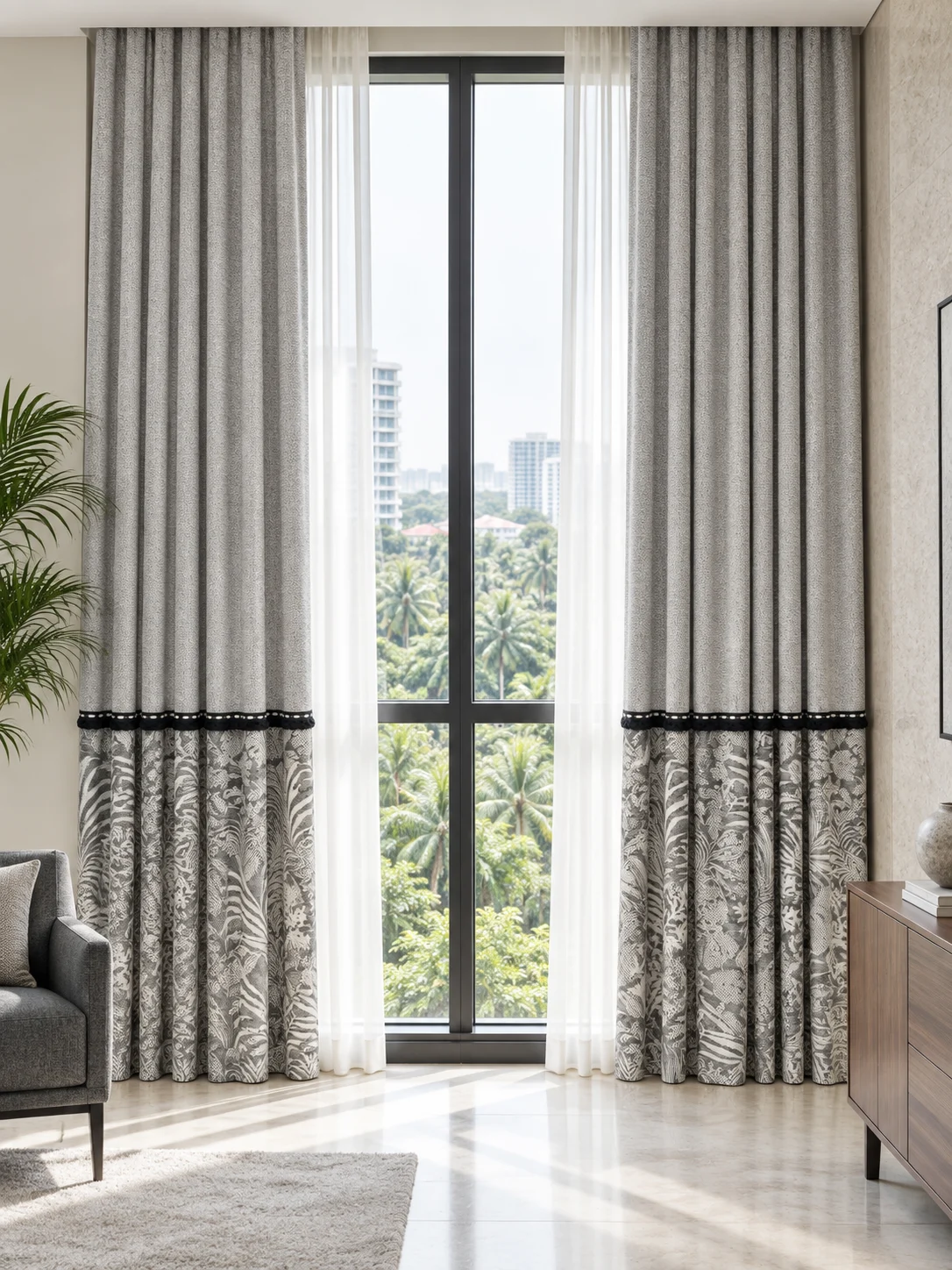 Silver-grey plain upper curtain, broad grey botanical leaf-pattern lower quarter, narrow black-and-ivory braid at horizontal join — full-window AI design visualisation.