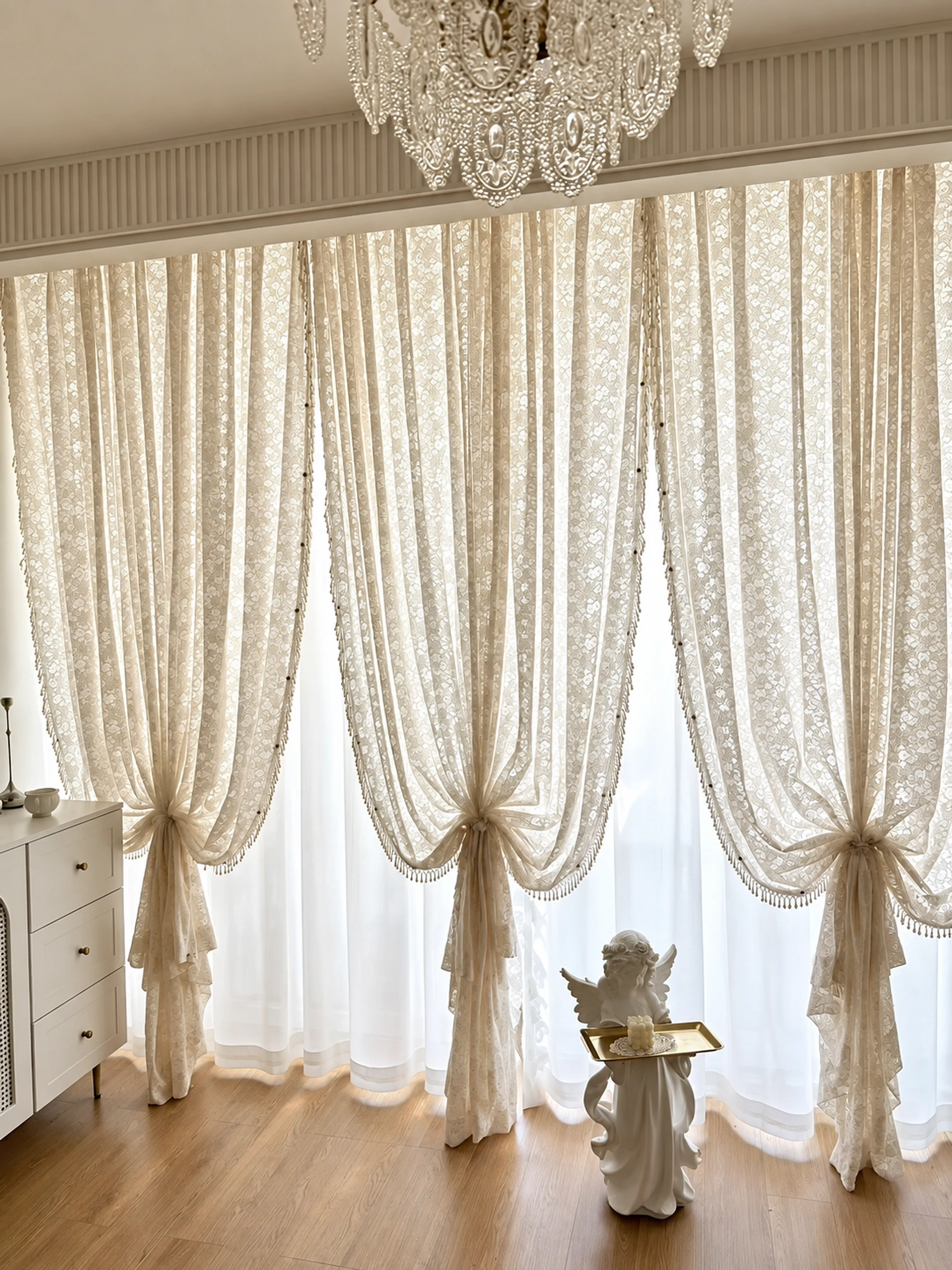 Lace pattern, decorative edge & soft gathering — close-up of the supplied curtain photograph.