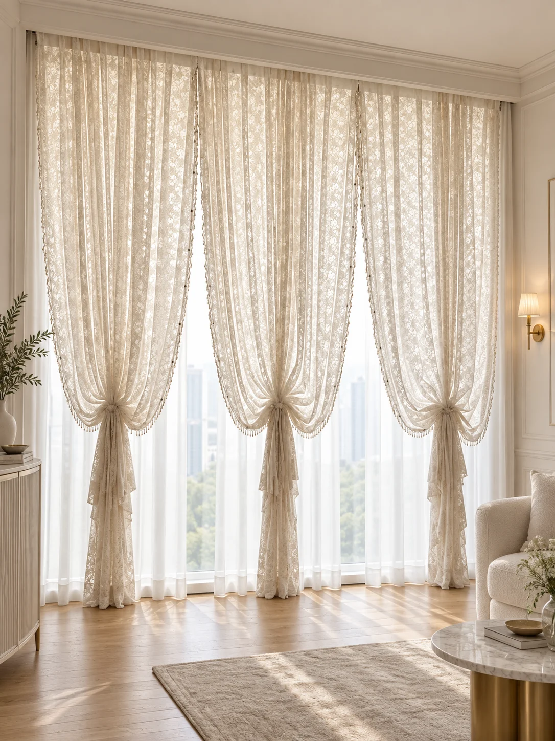 Ivory intricate lace sheer panels, elegantly tied at lower middle with matching fabric, scalloped fringe edge — full-window AI design visualisation.