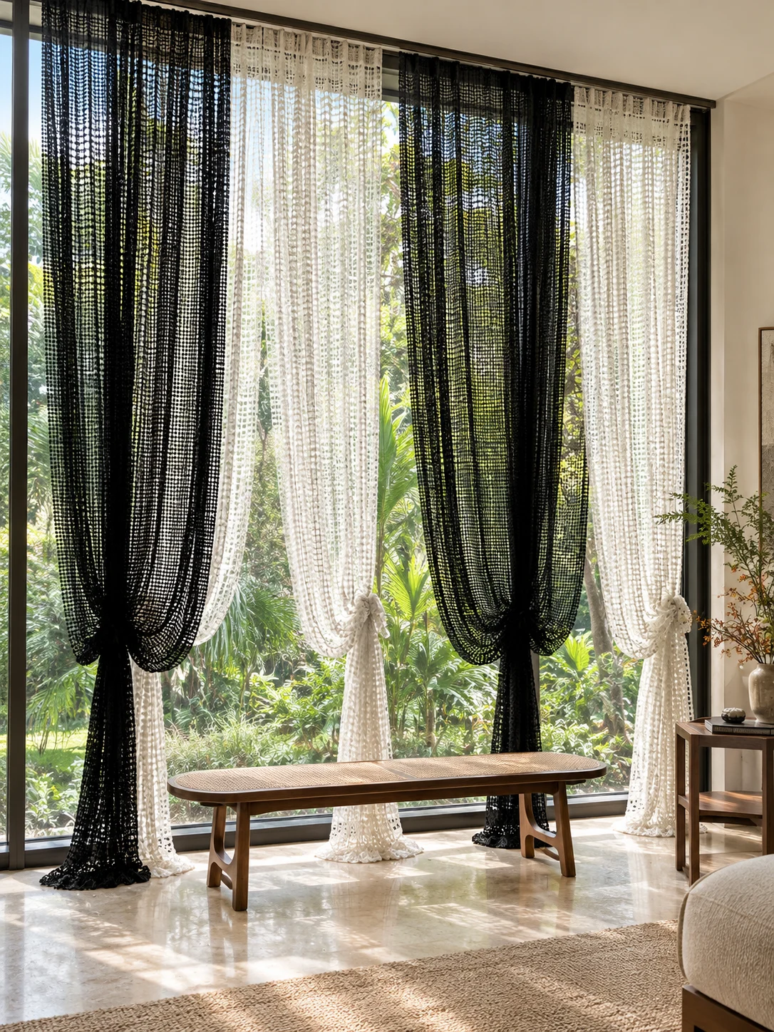 Bold black and ivory open square-mesh sheer panels alternating across a broad garden-facing window, tied in sculptural lower-middle knots — full-window AI design visualisation.