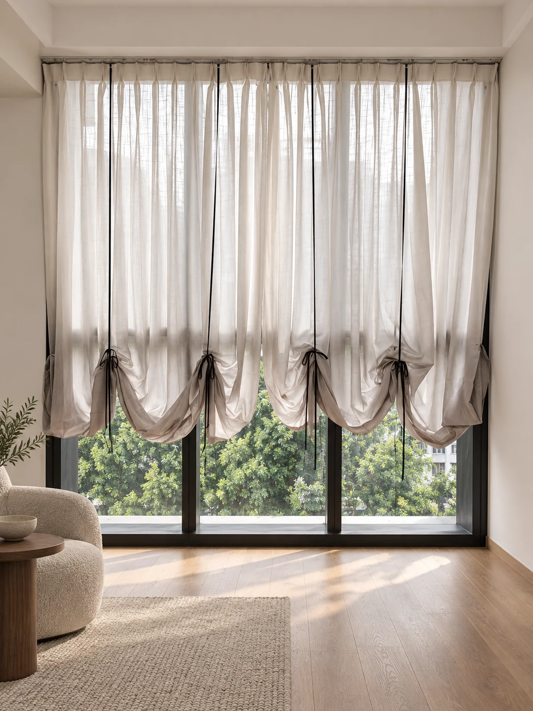 Ivory festoon curtains with black ribbon bows, rounded swags and uncovered glazing below — full-window AI design visualisation.