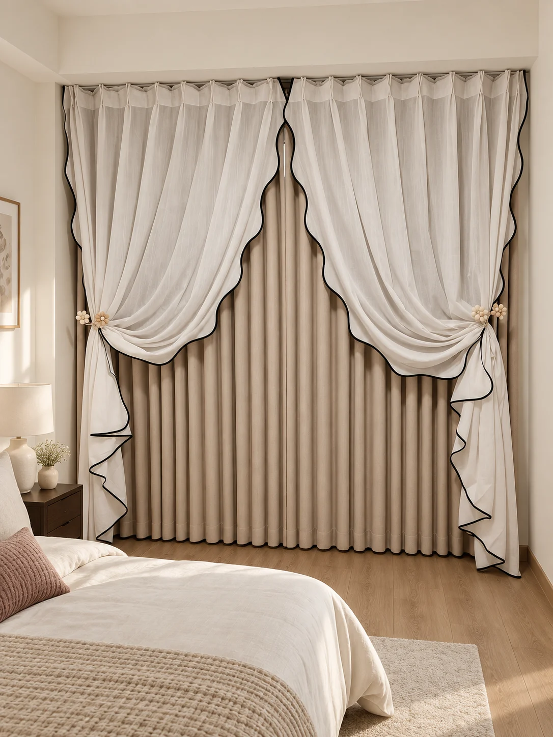 White sheer pair with bold thin black scalloped outline at inner edges, symmetrically swept to side with small flower-shaped tiebacks, taupe/cream full-length opaque curtains behind. — full-window AI design visualisation.