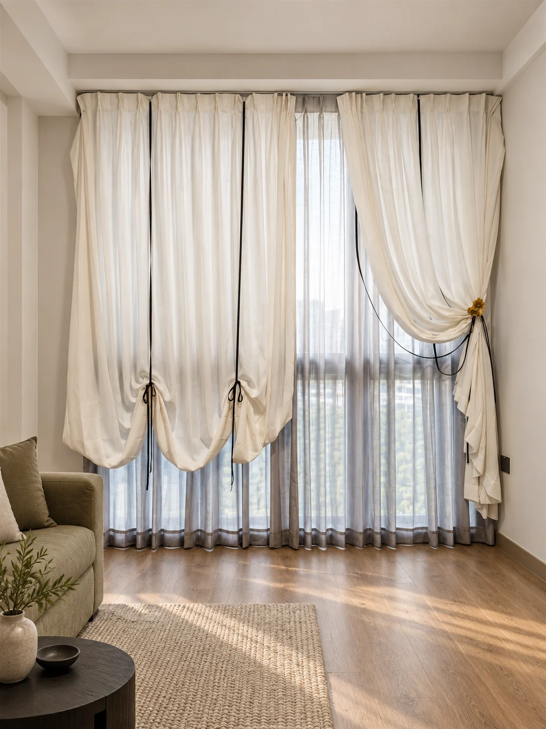 Ivory upper curtain with black vertical ribbons lifting left/centre fabric into rounded festoons, right panel gathered asymmetrically at waist with small ochre floral tieback and black ribbon swags — full-window AI design visualisation.