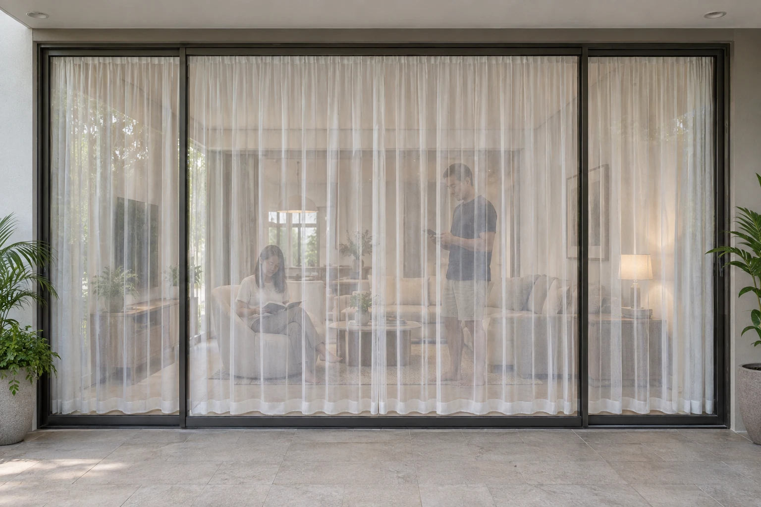 The same AI-illustrated balcony viewed from outside: people inside are visible through fully closed normal clear sheers