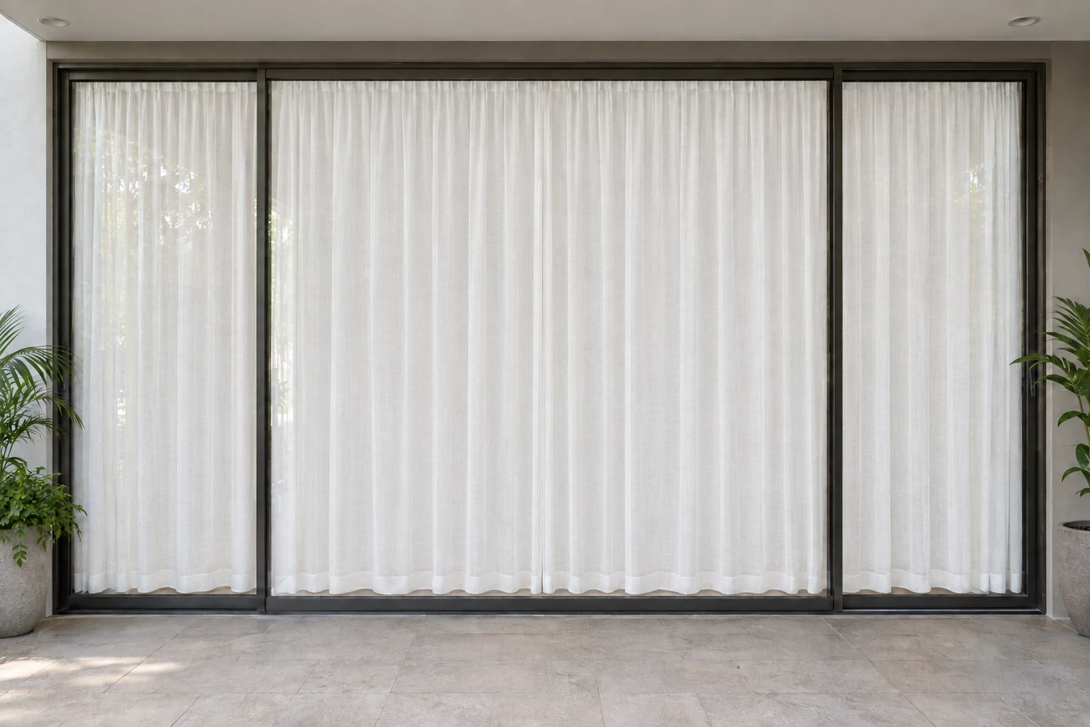 AI daytime illustration from outside a ground-floor balcony: closed white privacy sheers conceal the people inside