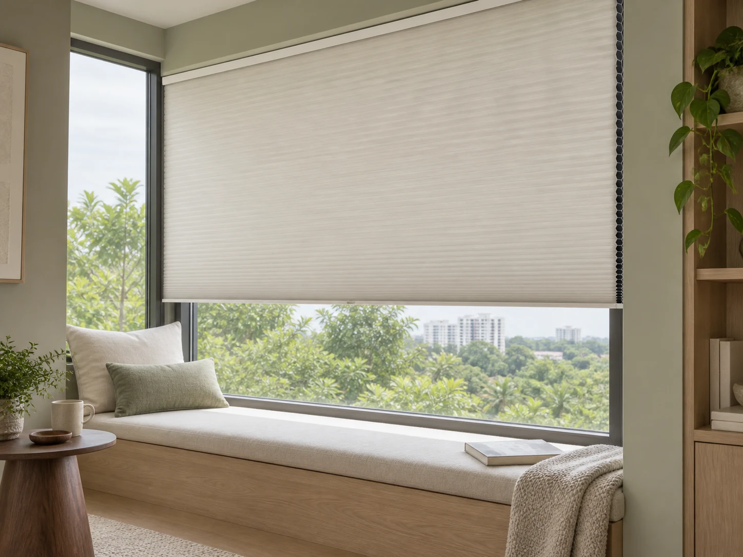 Pale cellular shades with fine horizontal pleats and a visible hollow cell edge shade a quiet reading corner.