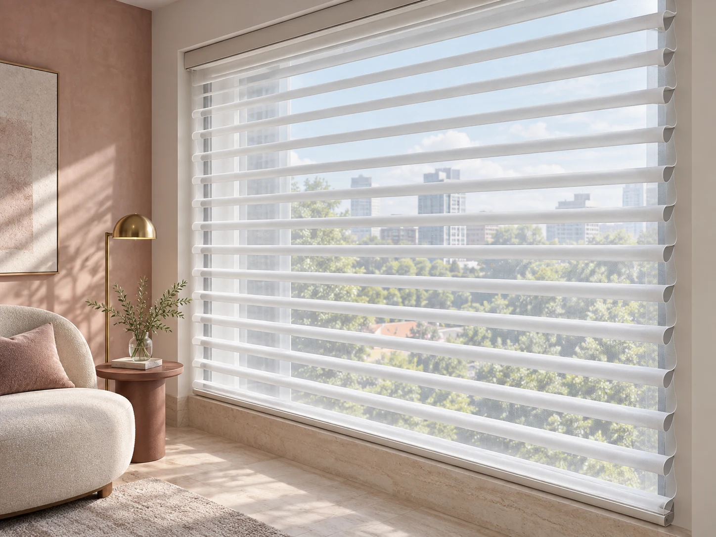 Soft horizontal fabric vanes bridge two transparent sheer layers in a pale window blind beside a quiet living area.