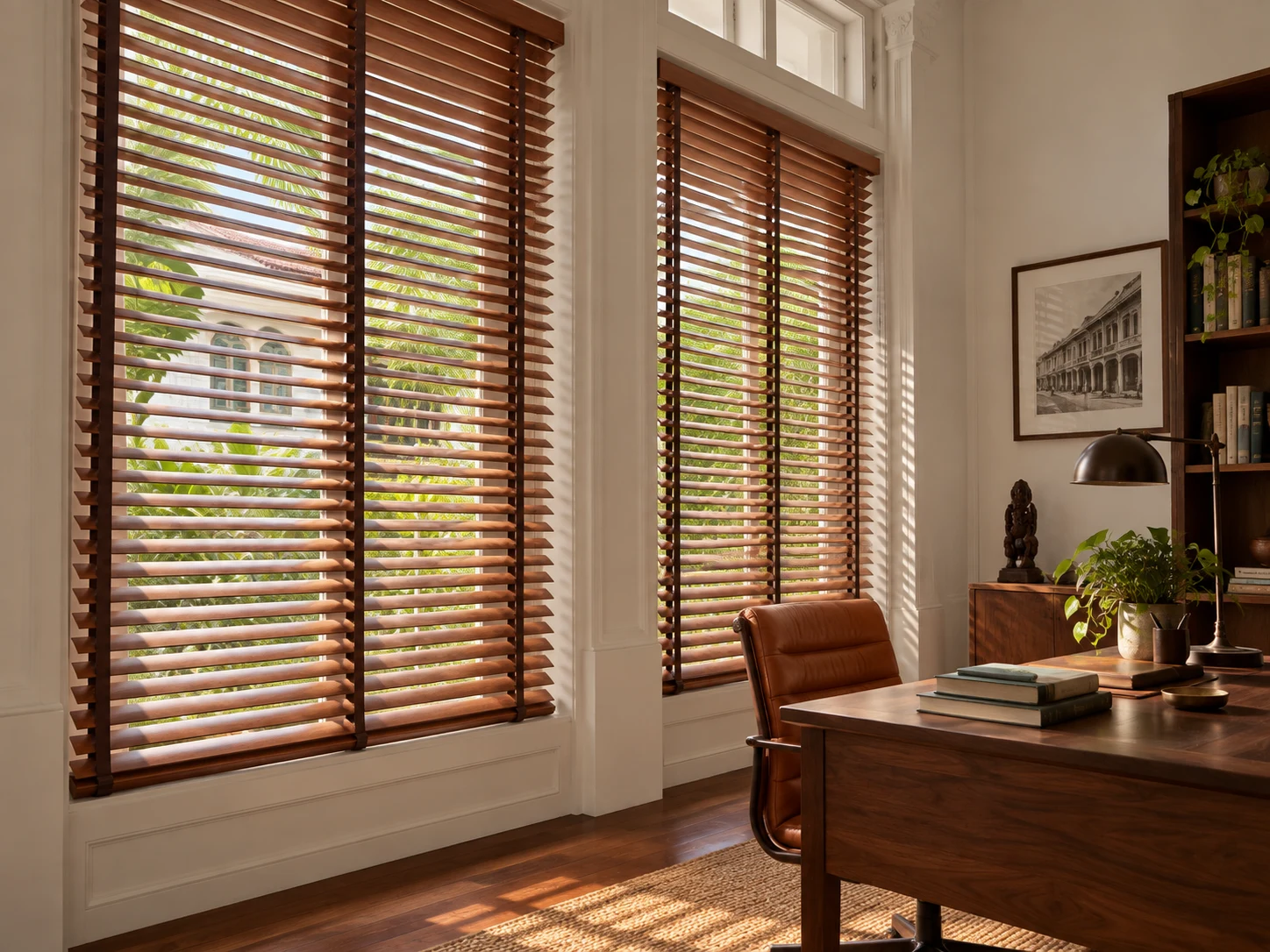 Warm timber Venetian blinds with tilted horizontal slats and vertical ladder tapes at a heritage-style home study window.