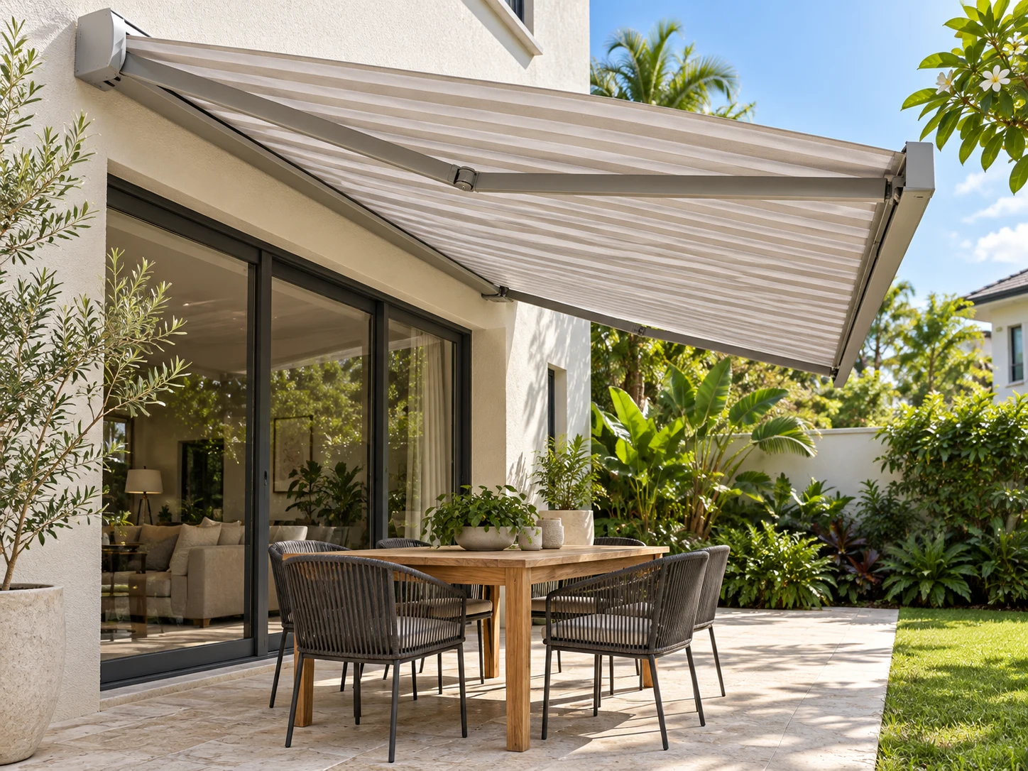 Illustrative Singapore garden patio beneath a projecting striped fabric awning with two articulated elbow arms and a wall-mounted cassette.