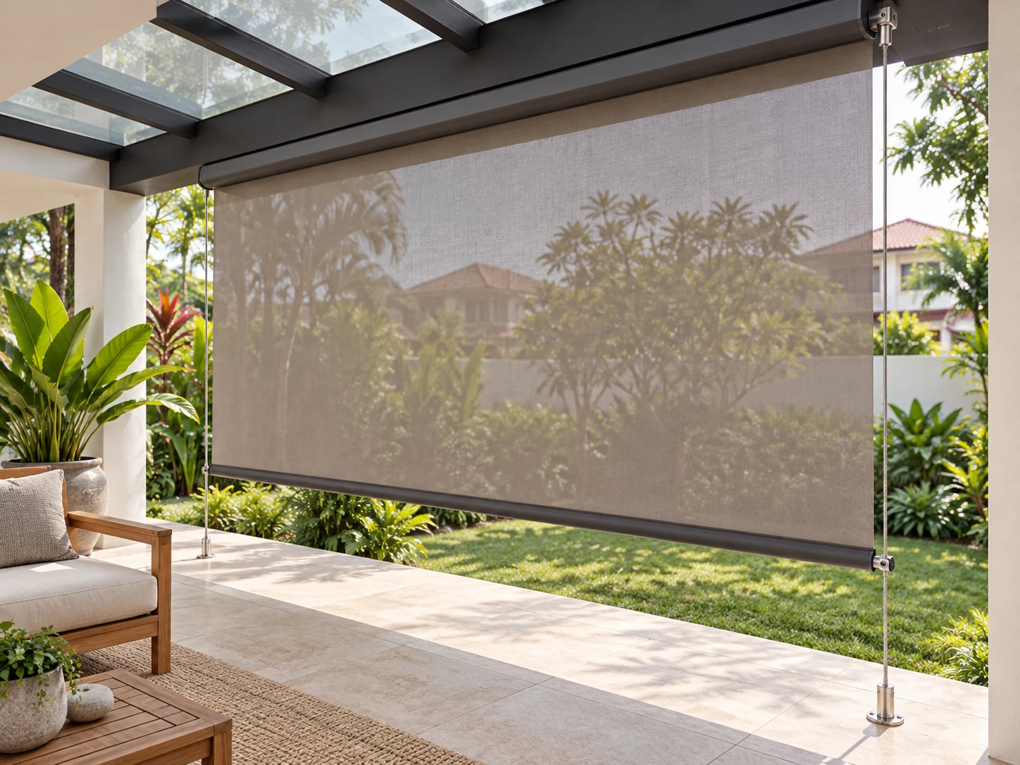 Illustrative sheltered veranda with a taupe outdoor screen guided by slim steel cables through the bottom-bar ends to floor anchors.