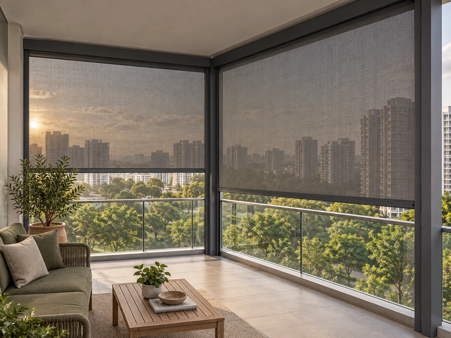 Illustrative corner balcony with charcoal mesh zip blinds held in continuous dark side channels above a glass railing at late afternoon.