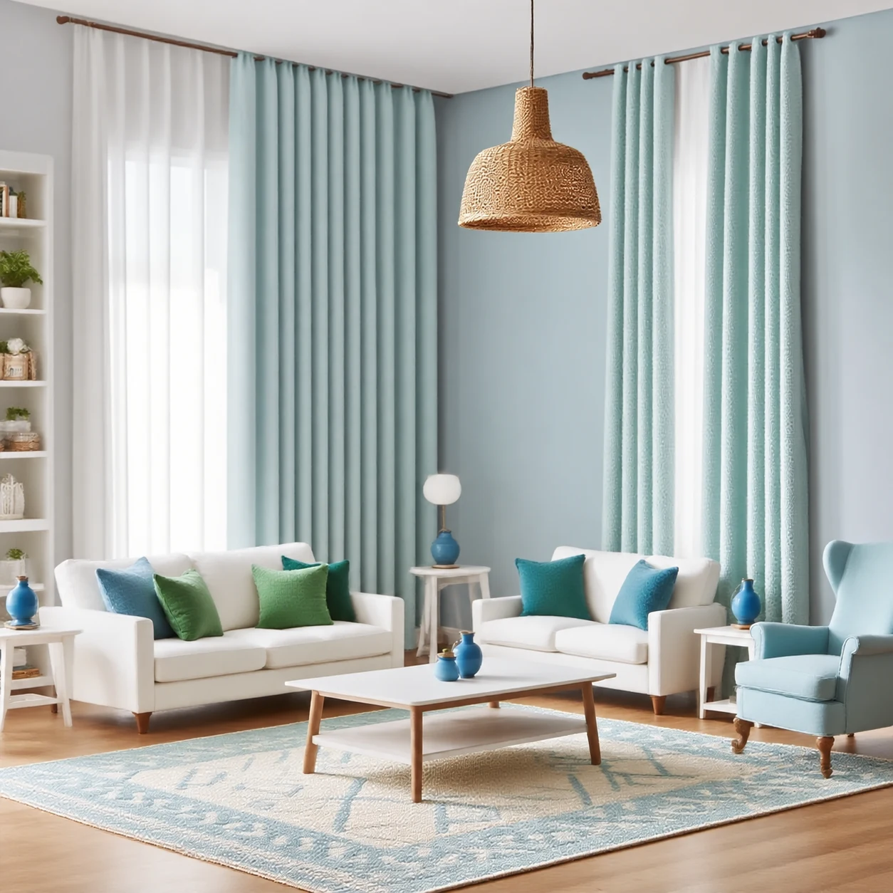 Soft blue room with powder-blue curtains, white sheers, pale seating and a woven pendant.