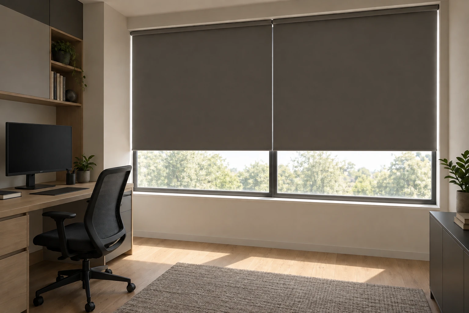 The same study with both opaque blackout roller blinds partially raised. Daylight enters through the exposed lower glazing and falls across the floor, while the fabric remains dark without transmitted glow. Monitor and room lights are off.