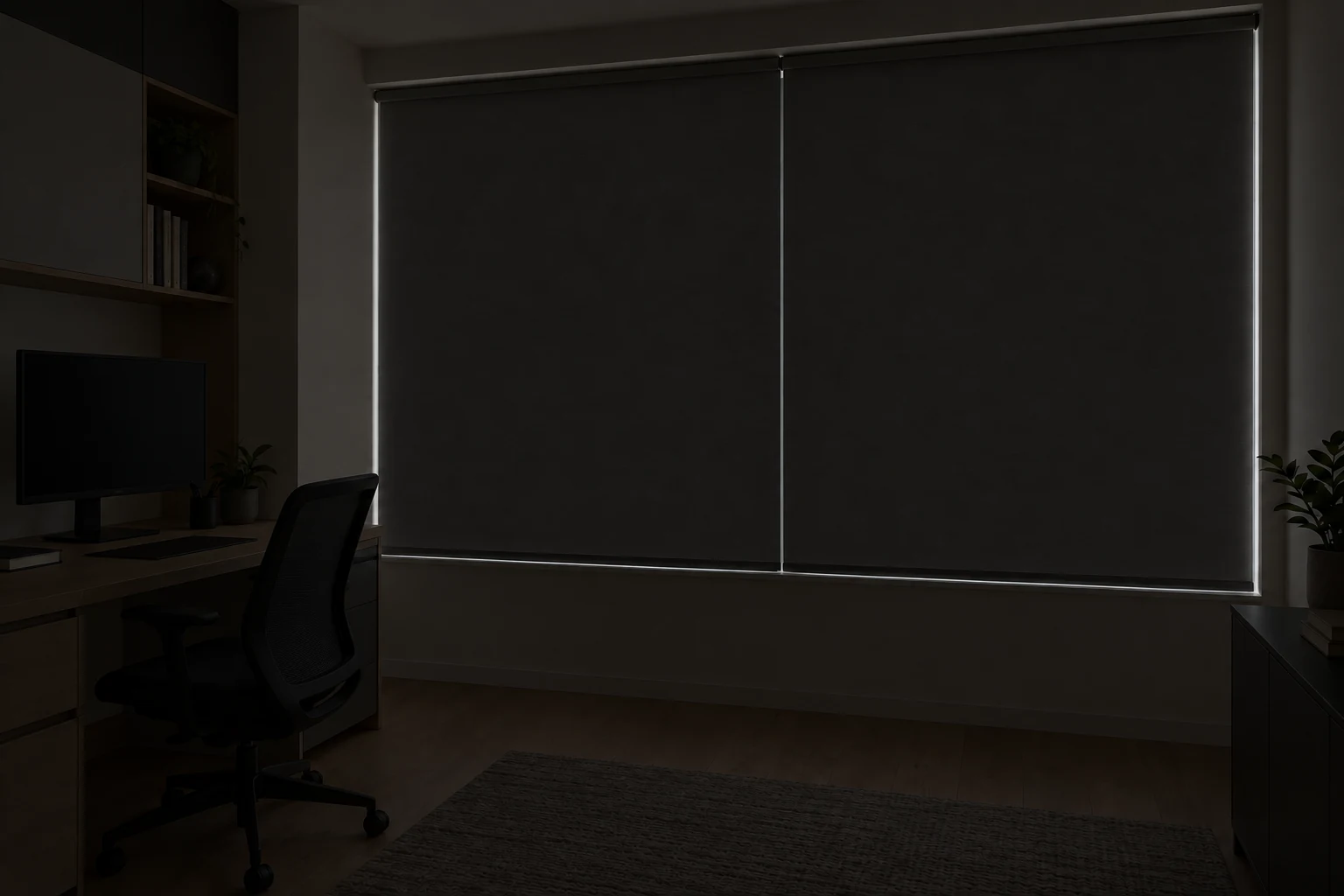 The same study in near-darkness with two fully lowered opaque blackout roller blinds. No daylight glows through the fabric; narrow perimeter and centre gaps remain visible. Monitor and room lights are off.