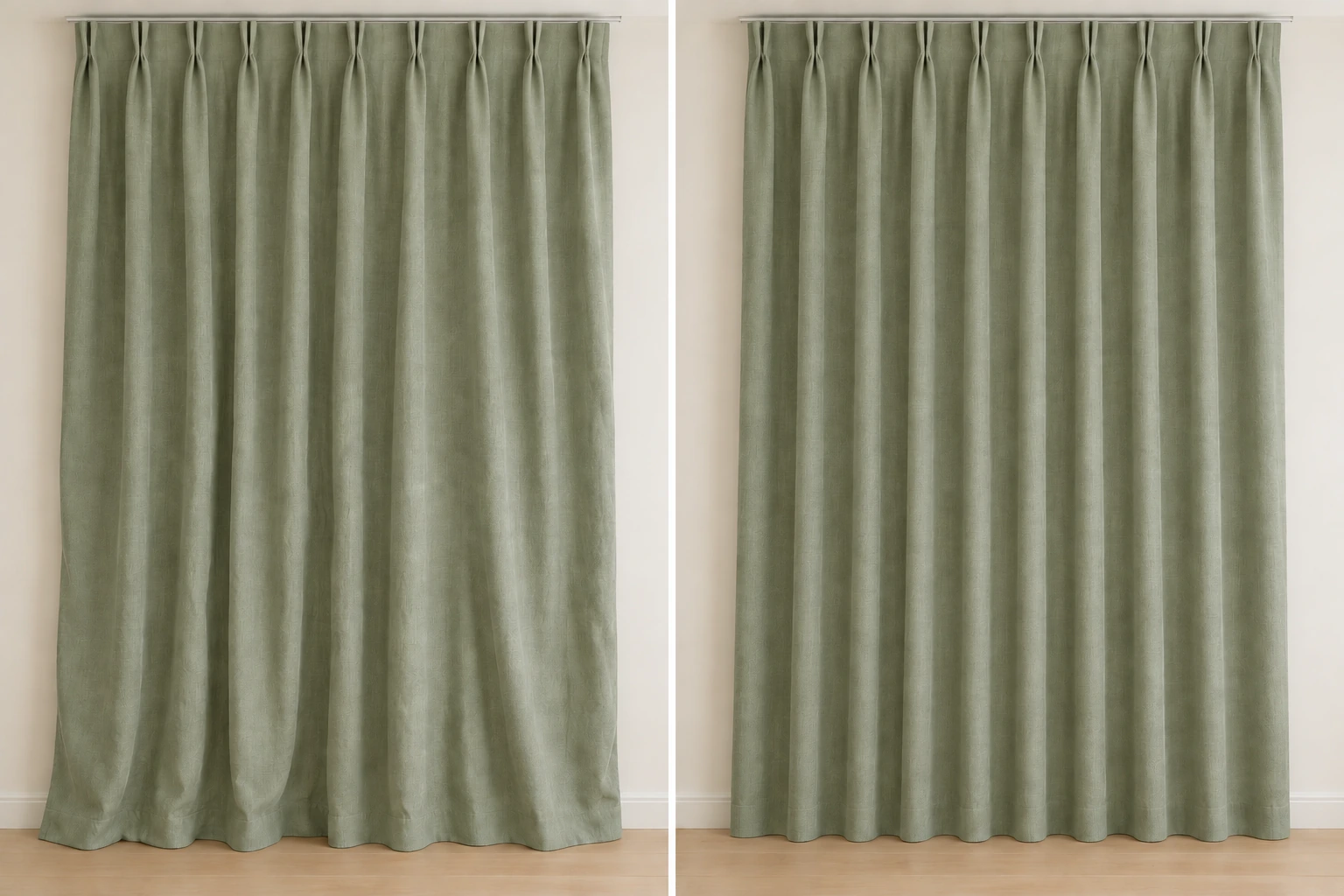Sage curtains with matching two-finger double-pinch headings and natural woven texture: before shaping on the left with relaxed uneven folds and creases, and after shaping on the right with a soft orderly drape.
