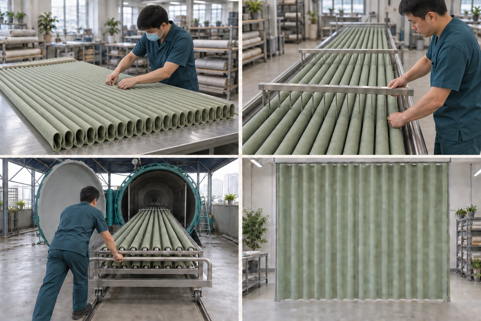 Four illustrated stages of sage curtain shaping: a male worker arranges narrow folds on a steel table, positions metal spacers on a long shaping bed, pushes the loaded rack halfway into a chamber viewed from the front, and inspects the finished hanging curtain.