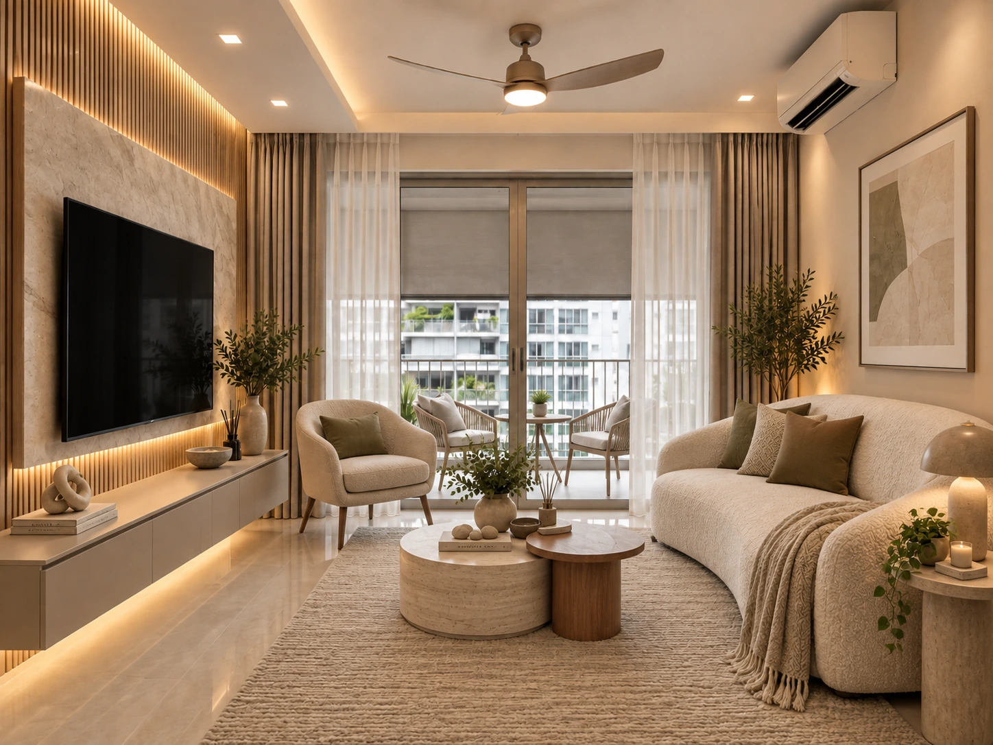 Condo living room with ivory sheers, taupe full-length curtains and partially lowered roller blinds framing sliding doors to a furnished balcony.