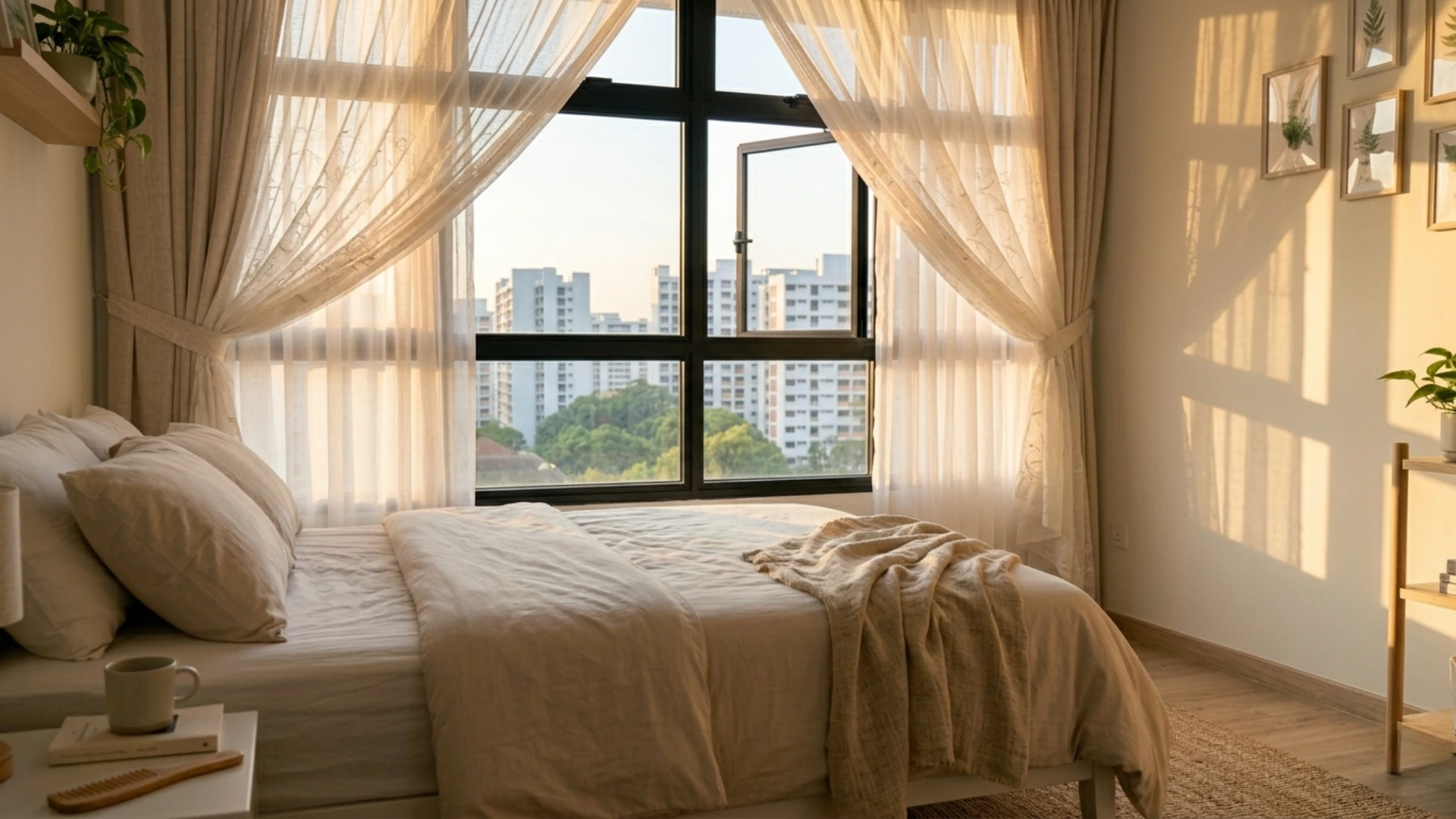 A compact HDB bedroom in warm afternoon light, with patterned white sheers and taupe outer curtains tied back around an open black-framed window.