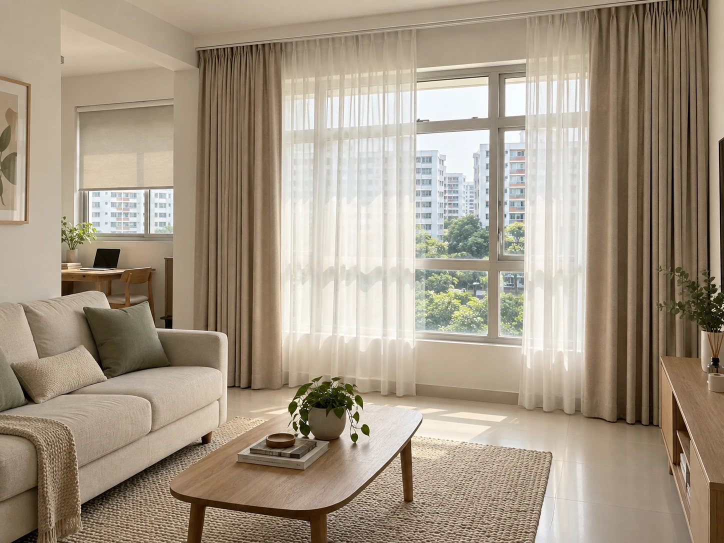 Singapore HDB living room with full-length greige curtains and ivory day sheers around an aluminium-framed window, neighbouring HDB blocks outside and a roller blind in the adjoining study.