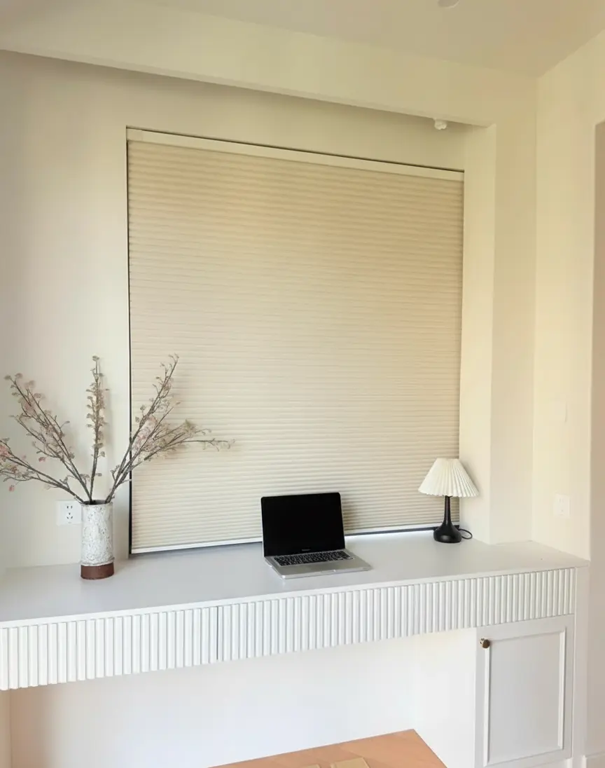 (home office with blinds): White vertical blinds in a bright home office, practical window treatment for workspaces