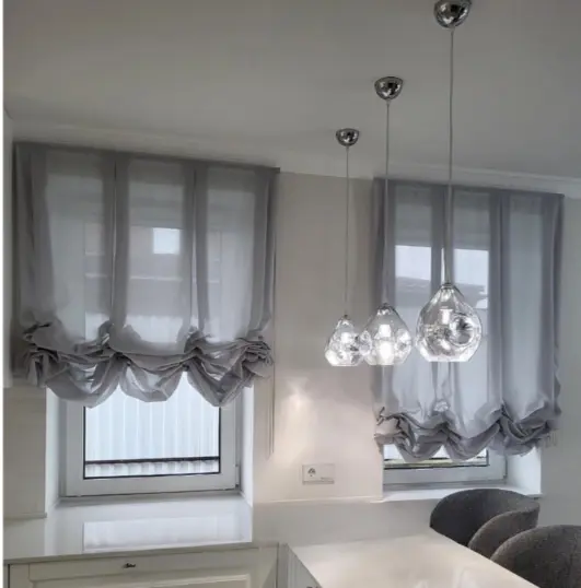 (room with layered curtains): Layered window curtains (sheer + opaque) in a bright living room, versatile window treatment