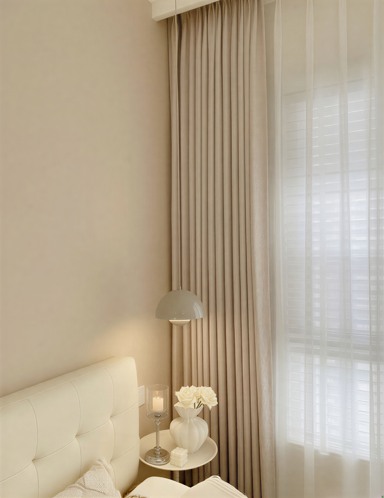 cozy bedroom, soft interior ambiance (aligns with user intent for &#34;bedroom curtain ideas&#34; or &#34;light-filtering window decor