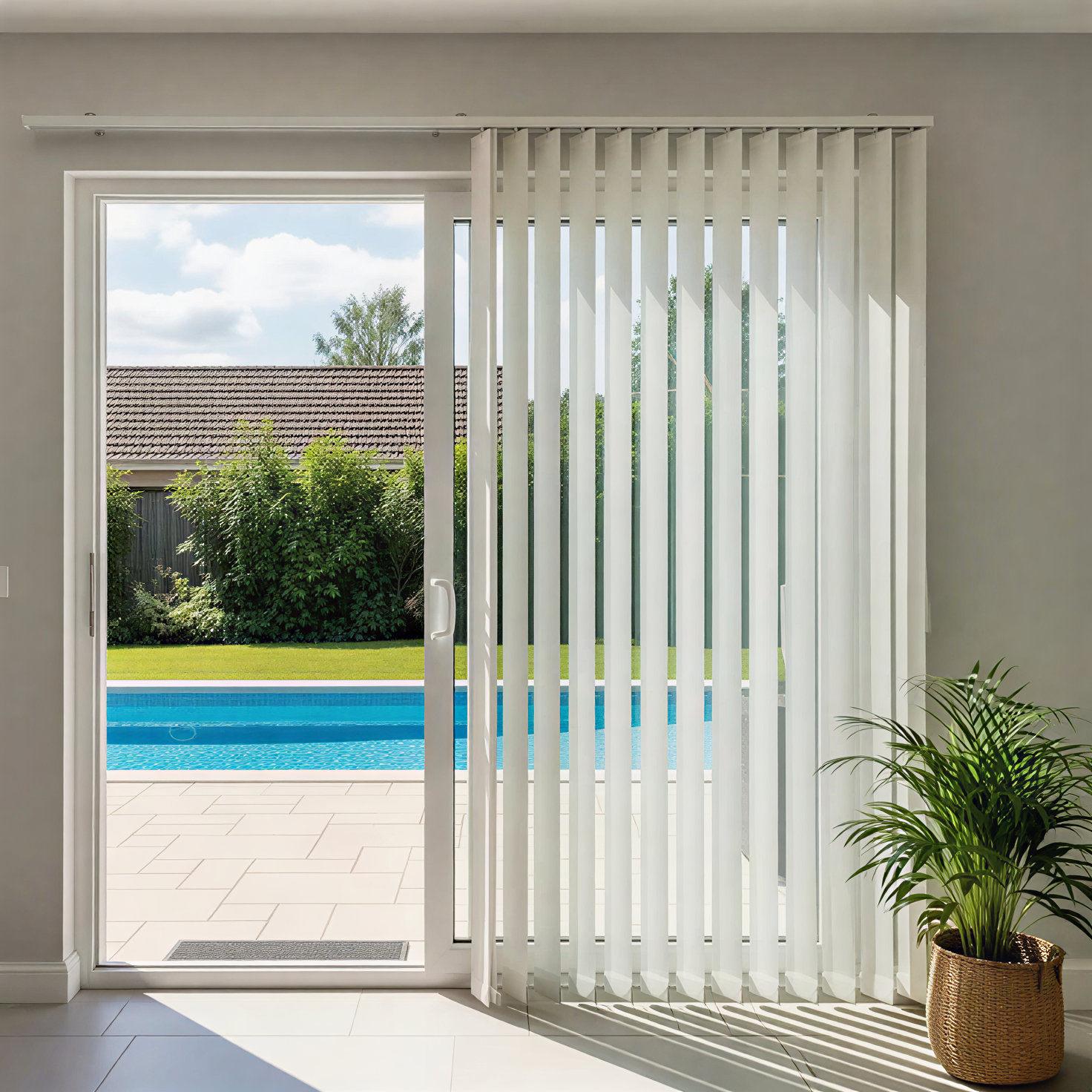 (sheer curtains + view): Sheer white window curtains with outdoor pool view, airy treatment for bright living spaces