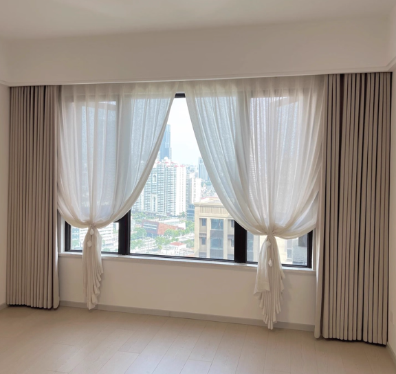 Layered sheer and opaque curtains for floor-to-ceiling windows, versatile window decor for modern interiors